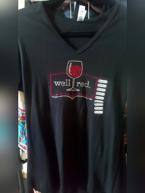 Black V-Neck Women’s Top with Wine Rhinestone Graphic